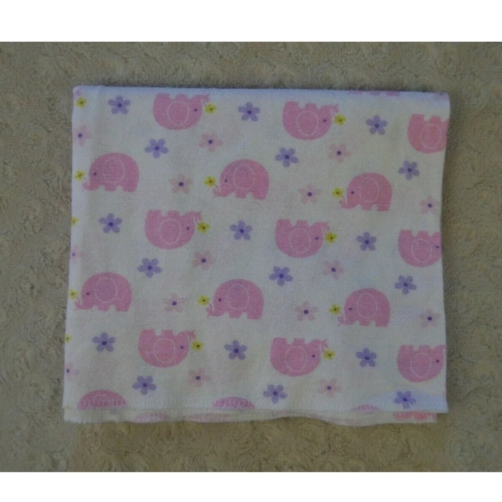 Gerber Pink Elephants Baby Receiving Blanket White Flannel Purple Flower Floral